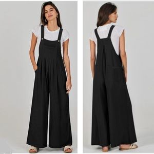 New Black Linen Wide Leg Bib Overalls Jumpsuit with Bib Front Pocket